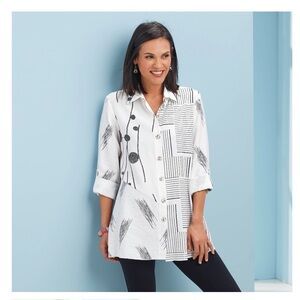 Northstyle Mixed Pattern Full Button Tunic. Geometric. Lagenlook. Pieces print.